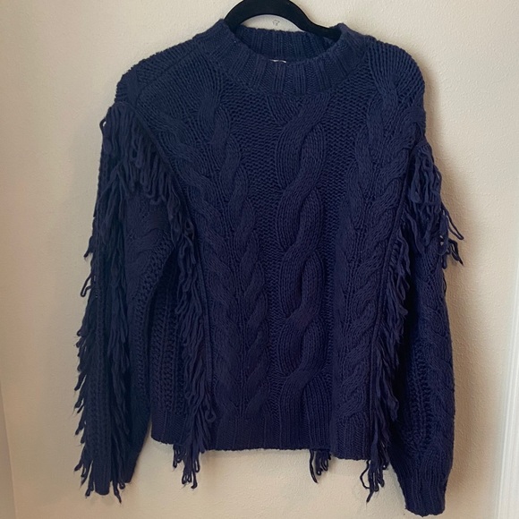 525 America Cable Knit Fringe Mock Neck Pullover Jumper Sweater Navy - Picture 2 of 7